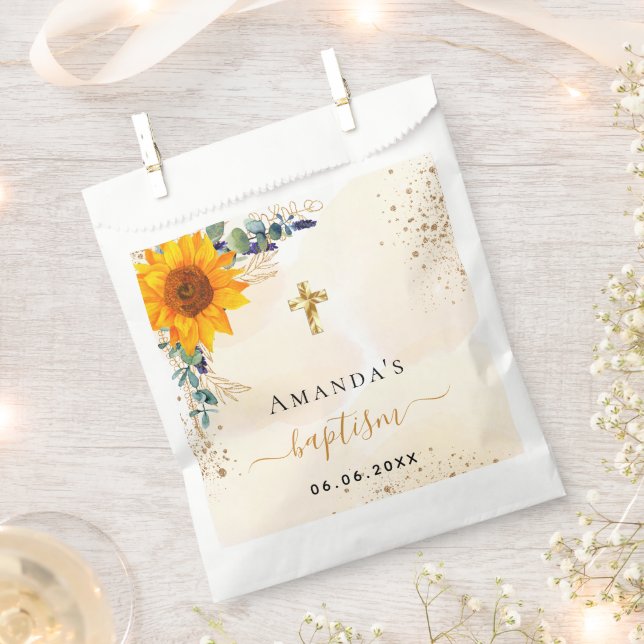 Baptism sunflowers eucalyptus greenery glitter favor bag (Clipped)