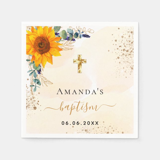 Baptism sunflowers eucalyptus greenery glitter napkins (Front)