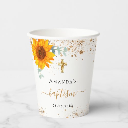 Baptism sunflowers eucalyptus paper cups