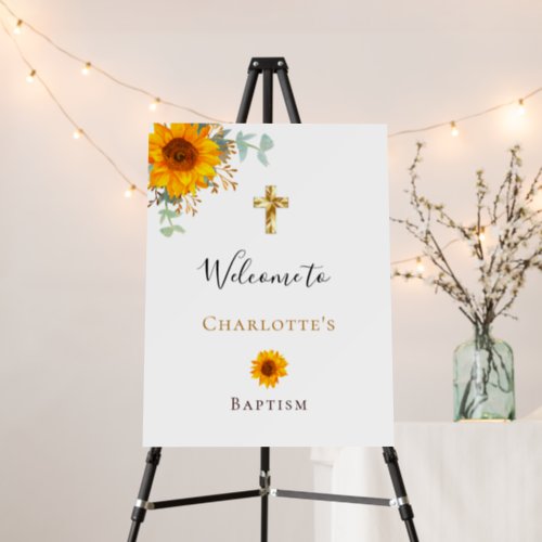 Baptism sunflowers eucalyptus welcome foam board