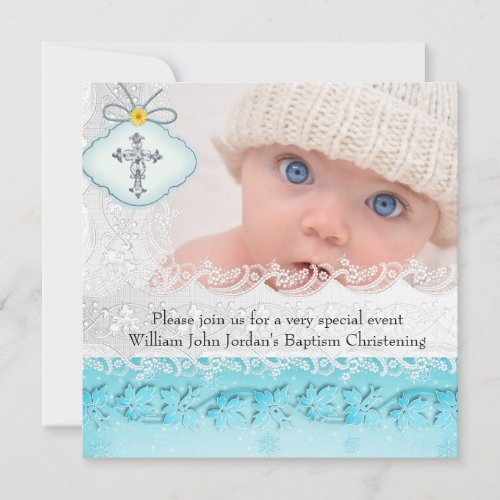 Baptism Teal Blue White Lace Photo Jewel Cross Boy Invitation