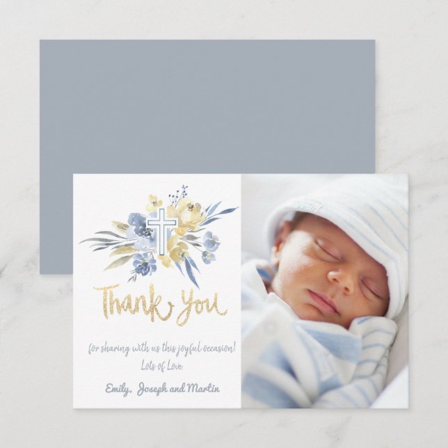 baptism thank you baby boy blue yellow invitation (Front/Back)