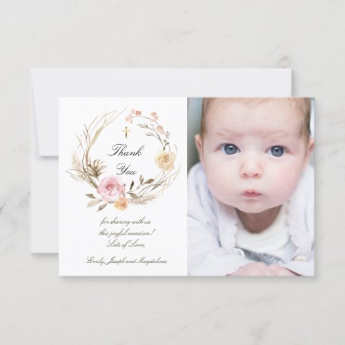 Baptism thank you beige pink flowers  invitation