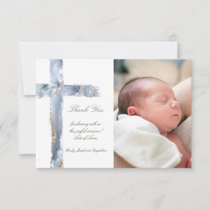 Baptism thank you blue agate cross invitation
