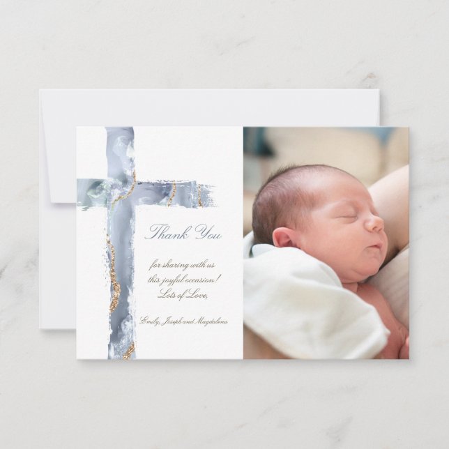 Baptism thank you  blue agate cross invitation (Front)