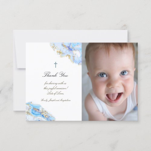 Baptism thank you blue ink marble invitation