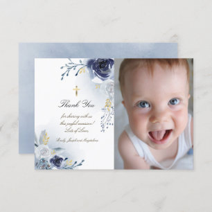 Baptism thank you blue roses invitation