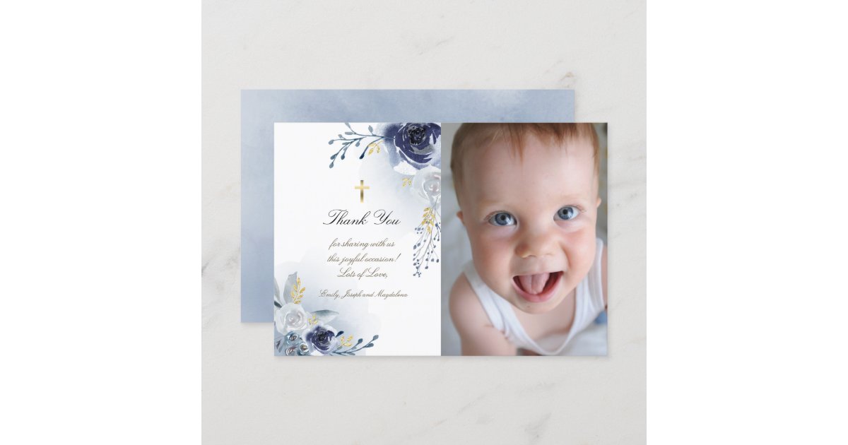 Baptism thank you blue roses invitation | Zazzle