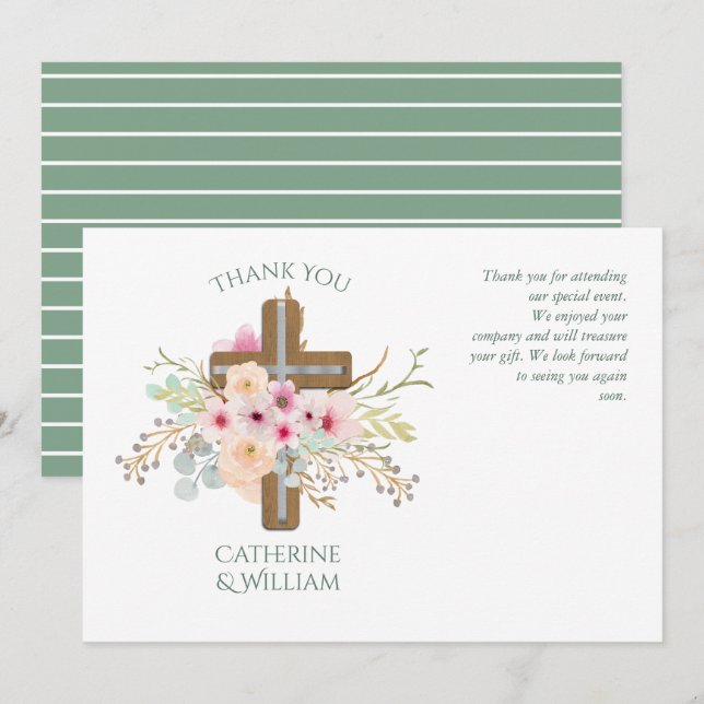 Baptism THANK YOU Card - sage pink Flora Cross (Front/Back)