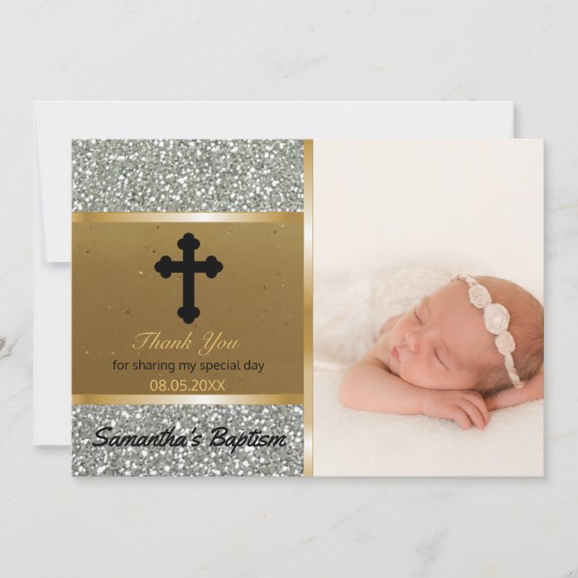 Baptism Thank You | Custom Photo Silver Gold (Front)