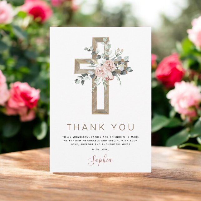 Baptism Thank You Dusty Pink Rose Christian Card (Creator Uploaded)