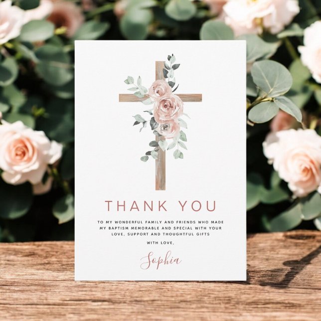 Baptism Thank You Dusty Pink Rose Christian Card (Creator Uploaded)