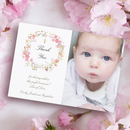 Baptism thank you  flowers wreath invitation