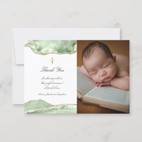 Baptism thank you green agate invitation