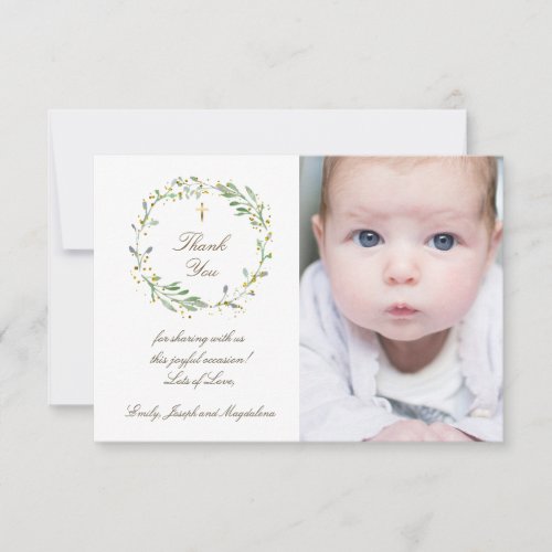 Baptism thank you  green wreath invitation
