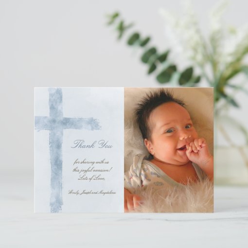 Baptism thank you modern blue cross invitation | Zazzle