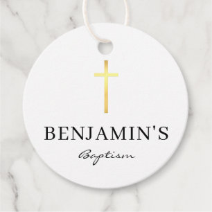 BAPTISM THANK YOU modern gold cross black white Favor Tags
