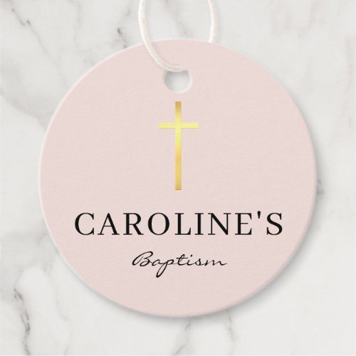BAPTISM THANK YOU modern gold cross girl baby pink Favor Tags