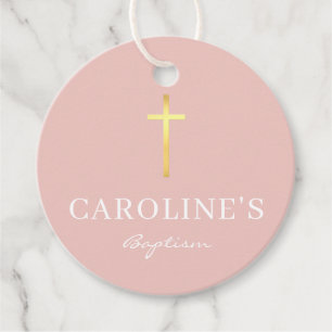 BAPTISM THANK YOU modern gold cross girl cute pink Favor Tags