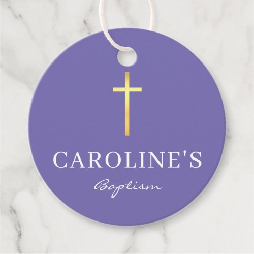 BAPTISM THANK YOU modern gold cross girl purple Favor Tags