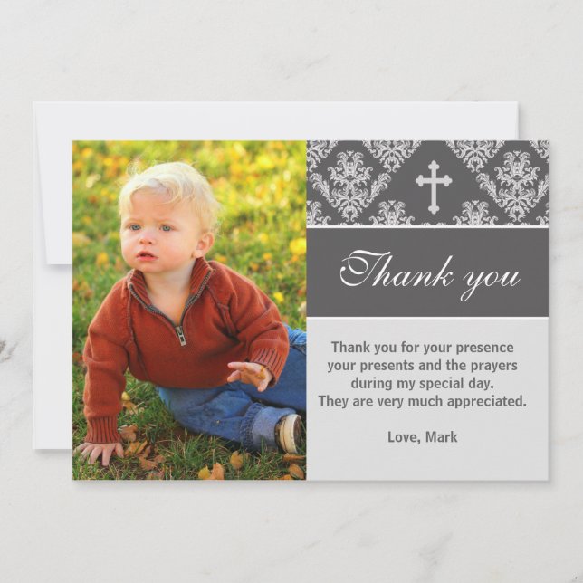 Baptism Thank You Note Custom Photo Card Grey (Front)