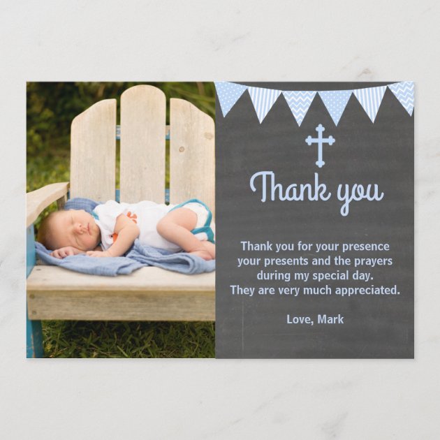 Baptism Thank You Note Photo Card Blue Chalkboard