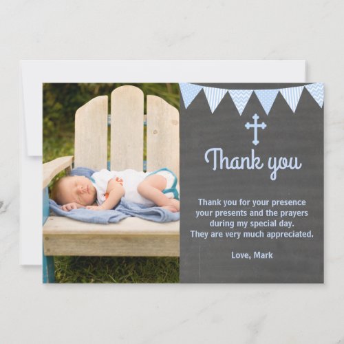 Baptism Thank You Note Photo Card Blue Chalkboard