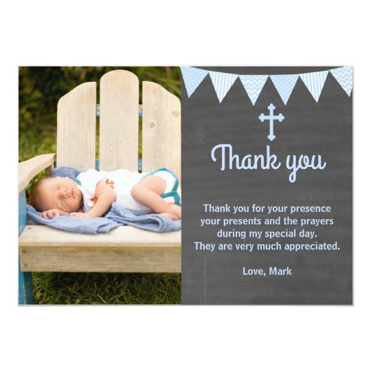 Baptism Thank You Note Photo Card Blue Chalkboard