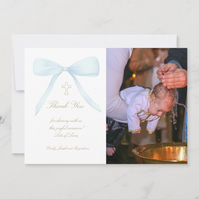 Baptism thank you photo blue bow invitation (Front)