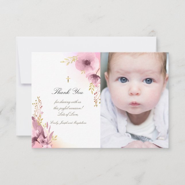 Baptism thank you pink flowers invitation (Front)