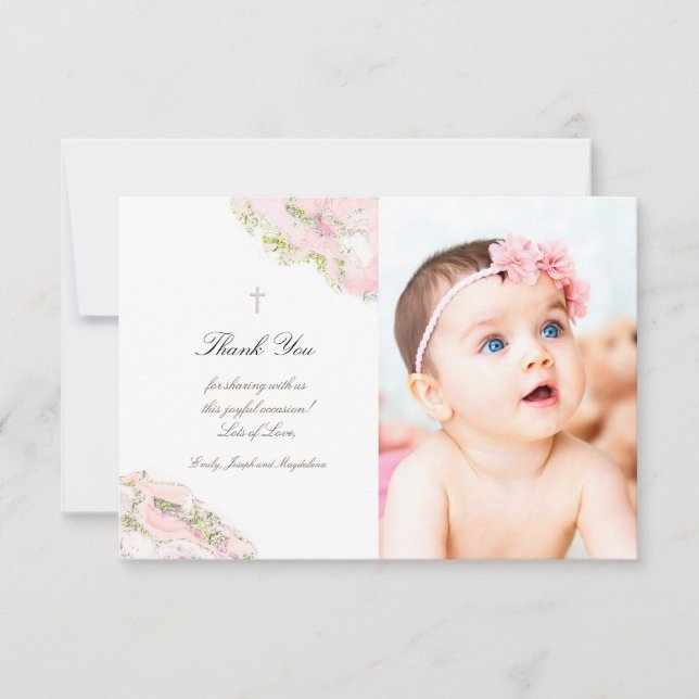 Baptism thank you pink ink marble invitation (Front)