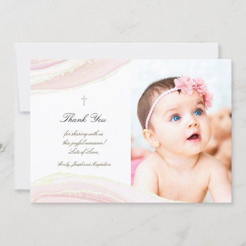 Baptism thank you pink ink marble invitation