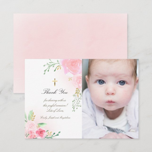 Baptism thank you pink roses invitation (Front/Back)