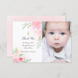 Baptism thank you pink roses invitation