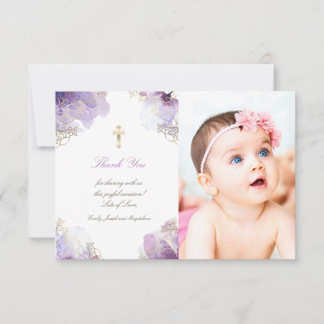 Baptism thank you purple watercolor flowers invitation (Front)