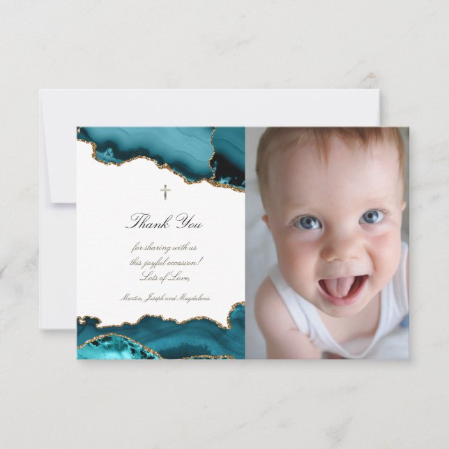 Baptism thank you turquoise agate invitation (Front)