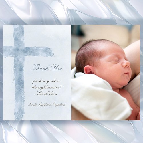 Baptism thank you watercolor blue cross invitation