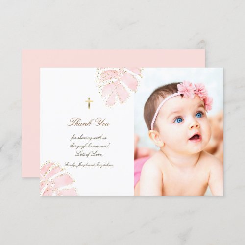 Baptism thank you watercolor palm leaves glitter invitation