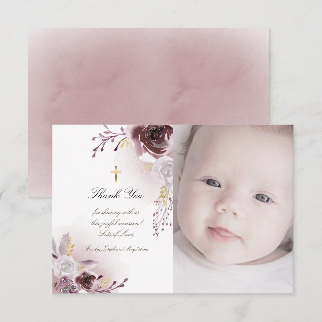 Baptism thank you watercolor roses invitation (Front/Back)
