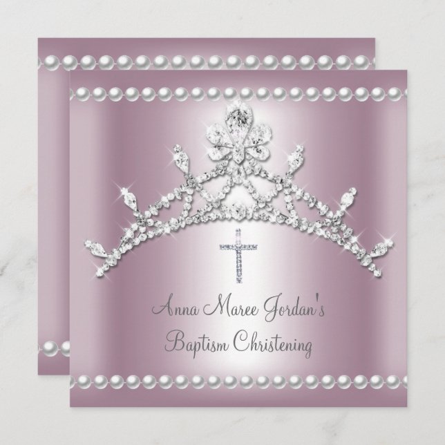 Baptism Tiara Pink Silver White Pearl Diamond Invitation (Front/Back)