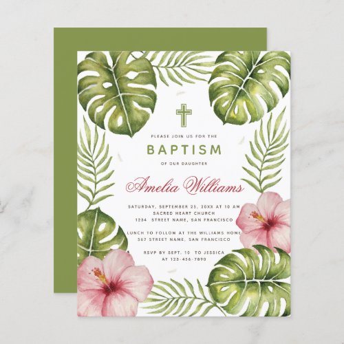 Baptism Tropical Leaves Hibiscus Budget Invitation