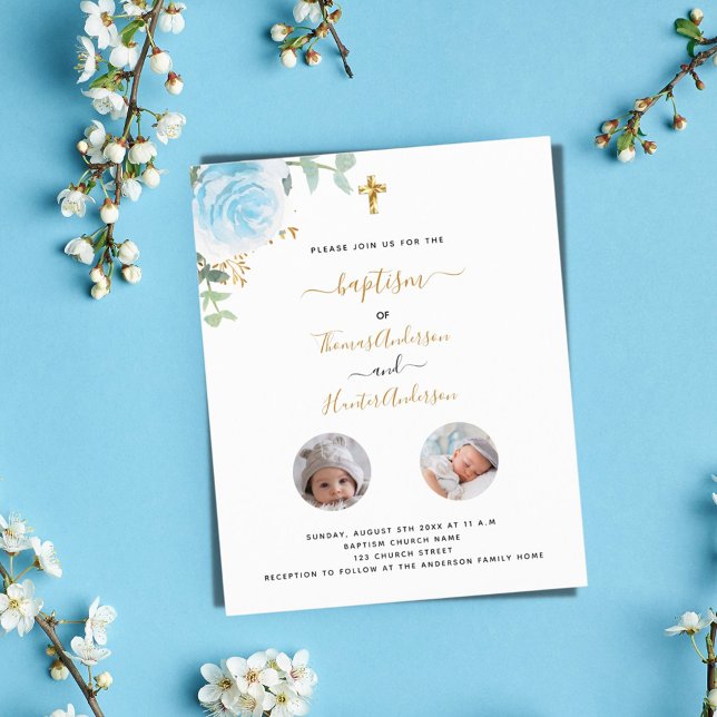 Baptism twins blue floral photo boy invitation (Creator Uploaded)