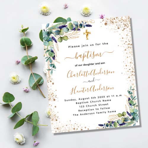 Baptism twins eucalyptus gold budget invitation flyer
