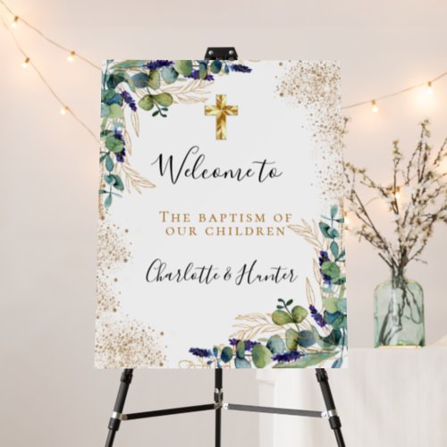 Baptism twins eucalyptus greenery cross welcome foam board