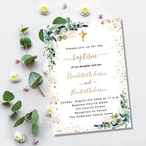 Baptism twins eucalyptus greenery gold script invitation