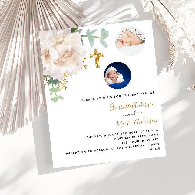 Baptism twins floral photo budget invitation (Creator Uploaded)