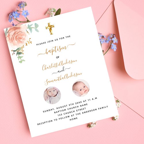 Baptism twins girls floral photo budget invitation