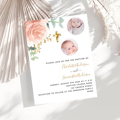 Baptism twins girls rose gold floral photo luxury invitation