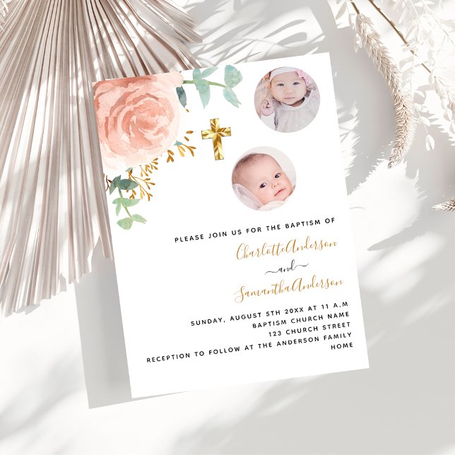 Baptism twins girls rose gold floral photo luxury invitation (Creator Uploaded)