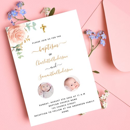 Baptism twins girls white floral photo invitation